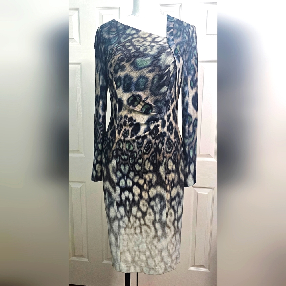 Kay Unger Long Sleeve Multicolor Animal Print Sheath Dress